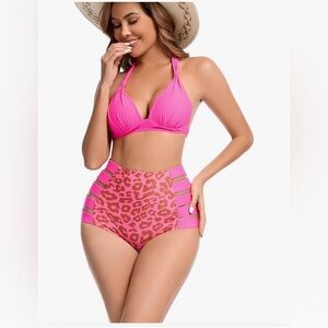 Women High Waisted Swimsuit Halter Triangle Bikini Mold Cup Swimwear Bin I
